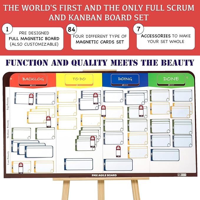 pmxboard Full Magnetic Agile Board Kit. Kanban Board, Scrum Board, Dry Erase Project Management Toolset. Includes Scrum Cards and kanban Cards Set. Project Planning Board for Agile Project Management