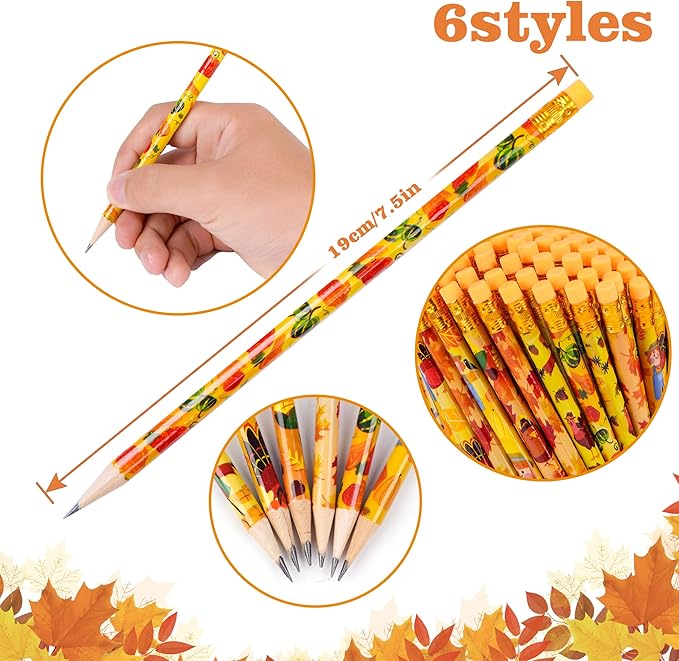 Kolewo4ever 200 Pieces Thanksgiving Pencils Assortment Cylinder Wood Pencil Maple Leaf Autumn Turkey Pencil for Thanksgiving Pumpkin Autumn Gift,6 Styles