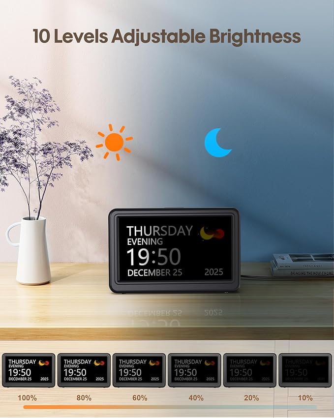 Clock with Day and Date for Elderly, 7" Large Display Digital Calendar Day Clock with 20 Custom Alarms and Medicine Reminders, 12 Display Modes, Dimmable Dementia Alzheimers Clocks for Seniors