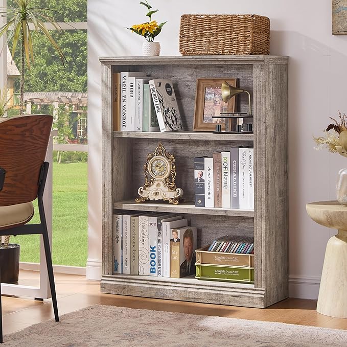 RWYHG 43" Grey Tall Bookshelf Set of 2,3-Tier Thick Wooden Book Shelf with Adjustable Shelves,Free Standing Farmhouse Bookcase with Open Display Storage,Floor Vintage Bookshelves for Living Room