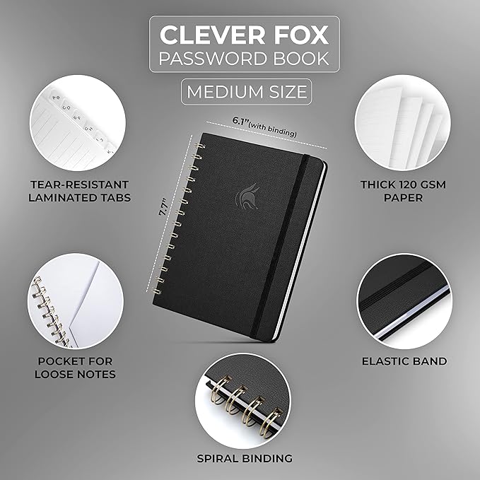 Clever Fox Password Book Spiral – Internet Address & Password Organizer with Laminated Alphabetical Tabs – Password Keeper Journal – Hardcover, Medium Size, 6.1x7.7” (Black)