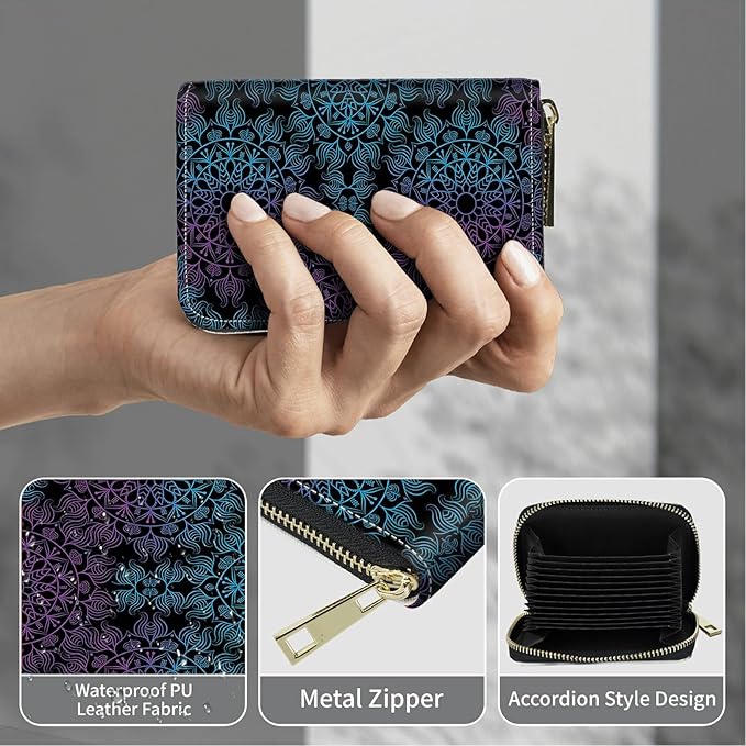 BWEGRHE Cute Credit Card Holder with Zipper, Purple Blue Mandala RFID-Blocking Card Case Small Wallet for Women Men, Multi-slot Card Organizer Case Travel Accordion Wallet
