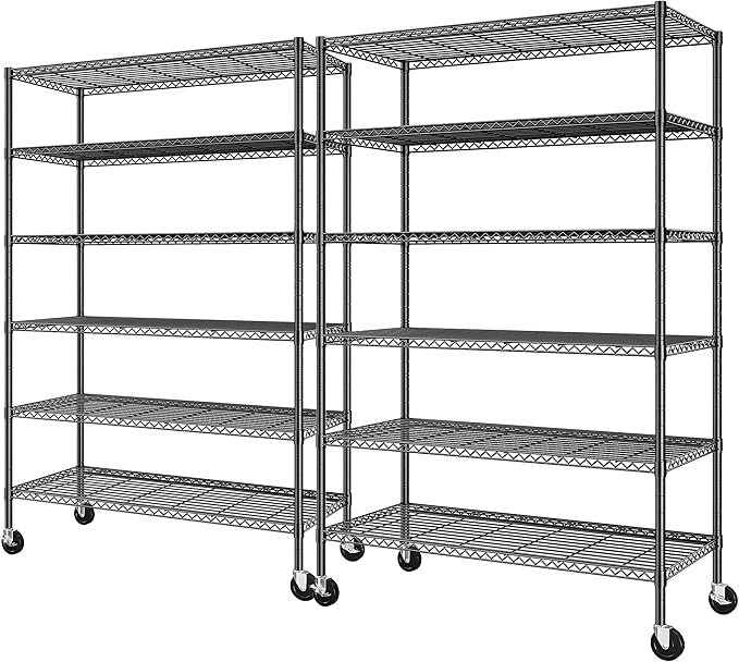 Romorgniz 82" H X45 W X18 D Storage Shelves with Wheels, 6 Tier Wire Shelving Adjustable Metal Shelving Pantry Shelves Capacity 1200LBS for Garage Shelving, Pantry, Kitchen, Closet, Black,2P