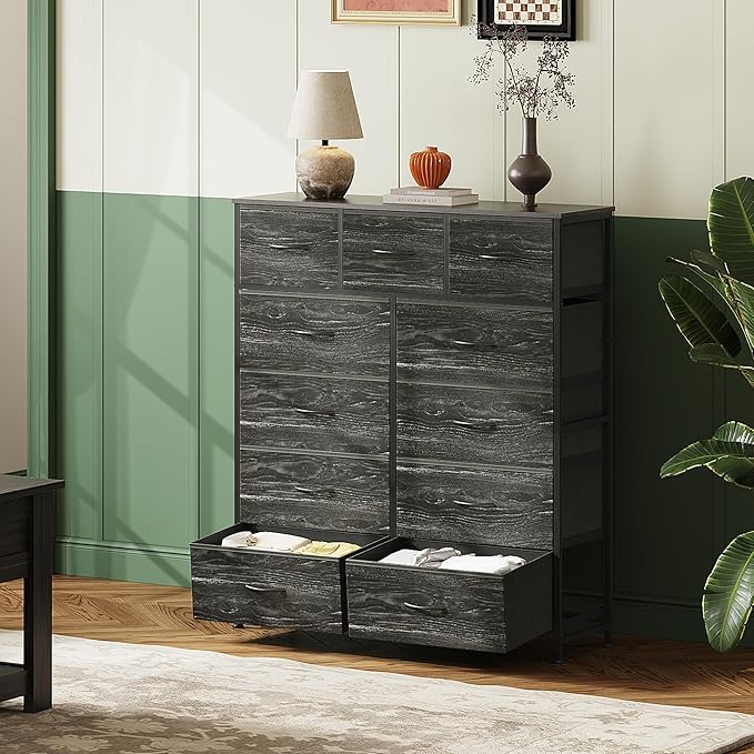 WLIVE Tall Dresser for Bedroom, Fabric Dressers Storage Tower, Dresser & Chest of Drawers with 11 Drawers, Storage Cabinet, Hallway, Closets, Steel Frame, Wood Top, Charcoal Black Wood Grain Print