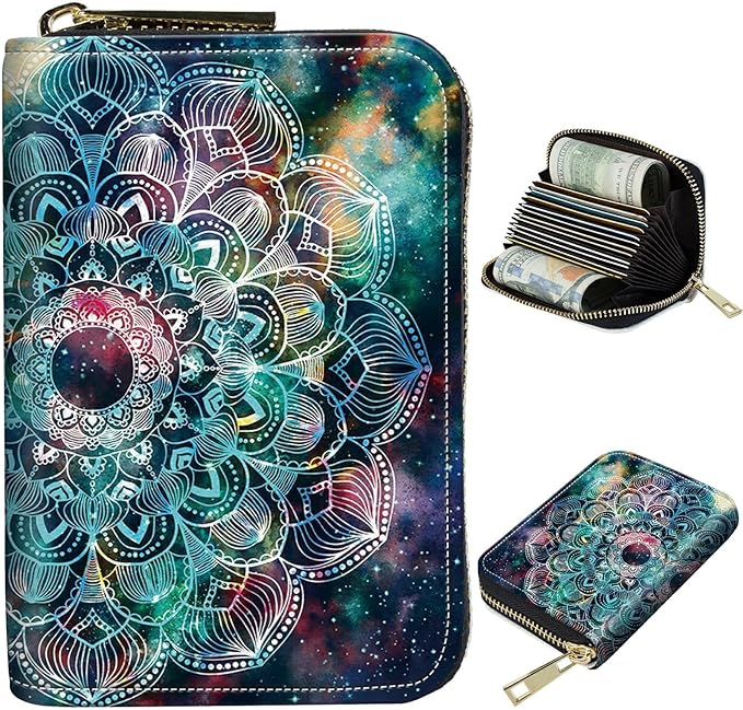 BWEGRHE Cute Credit Card Holder with Zipper, Art Mandalas RFID-Blocking Card Case Small Wallet for Women Men, Multi-slot Card Organizer Case Travel Accordion Wallet