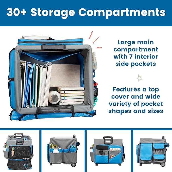 ECR4Kids Universal Rolling Cart with Canvas Organizer Bag, Mobile Storage, Blue/Grey