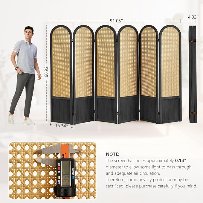 Asnefeli Room Divider 4 Panels, Folding Privacy Screen, Foldable Wood Rattan Room Divider Panel, Portable Partition Screen, Wall Divider for Room Separation Bedroom Home Office Garden Terrace (Black)