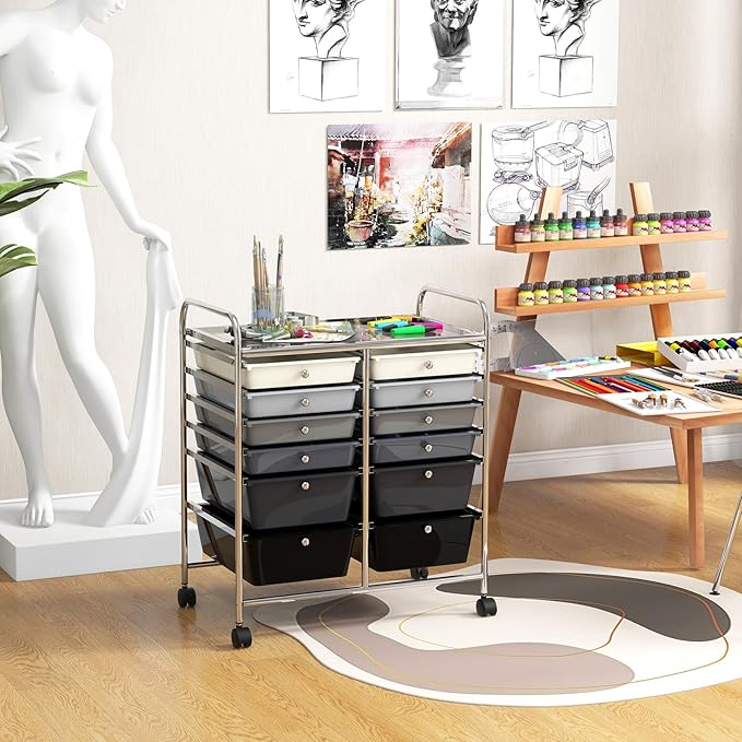LDAILY 12 Drawer Rolling Storage Cart, Craft Cart Organizer on Wheels w/Metal Frame, Large Capacity & Smooth Drawer, Rolling Cart w/Drawers for Classroom, Office