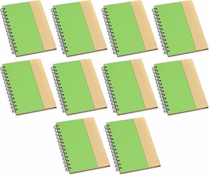 DISCOUNT PROMOS Eco Friendly Spiral Notebooks with Pens Set of 10, Bulk Pack - Perfect for School, Office, Home - Green