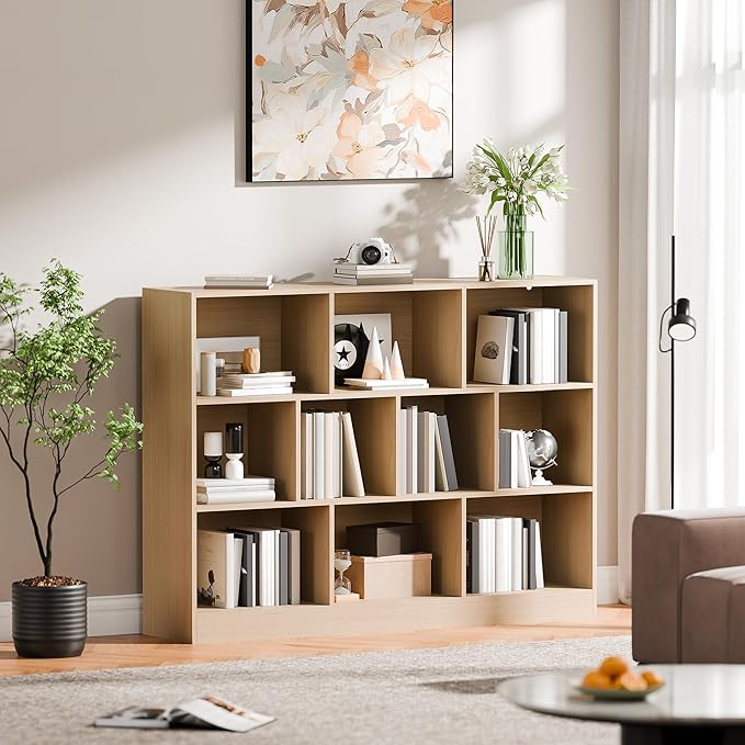 Cozy Castle Oak Bookshelf, 3-Tier Open Shelf Bookcase, 10 Cube Storage Organizer with Anti-Tilt Device for Bedroom, Living Room, 55.11" W x 11.61“D x 40.94“H