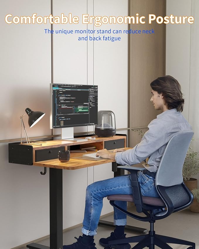 YIHAYO Electric Standing Desk with Drawers, 48 x 24 Inches Adjustable Desk with Storage Shelf, Stand Up Desk with Splice Board, Computer Table for Home Office, Black Frame/Rustic Brown Top