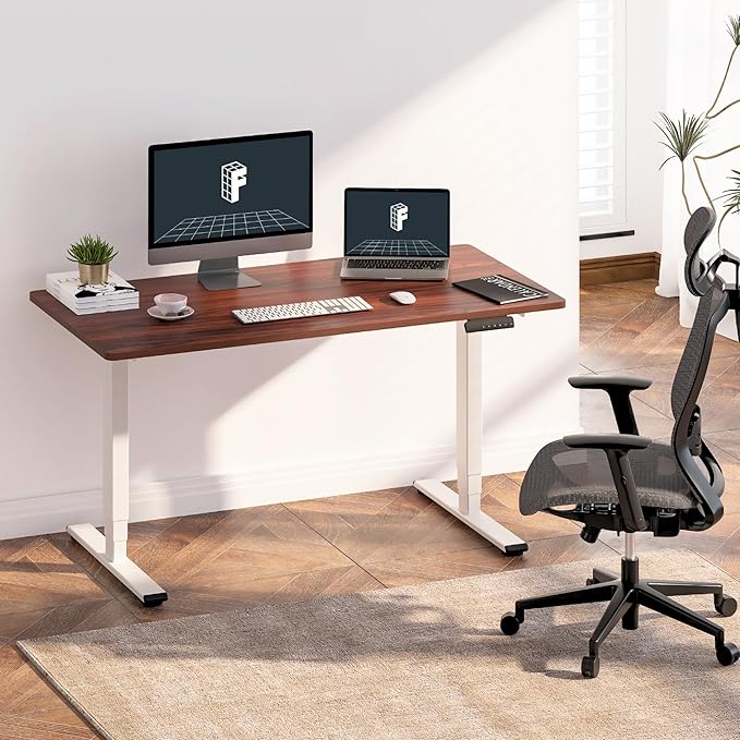 FLEXISPOT E6 3-Stage Dual Motor 60 x 24 Electric Standing Desk Sit Stand Up Desk, Holds 220 lbs, Adjustable Height w/Memory Presets, One-Piece Mahogany Desktop & White Frame, Ships in 2 Boxes