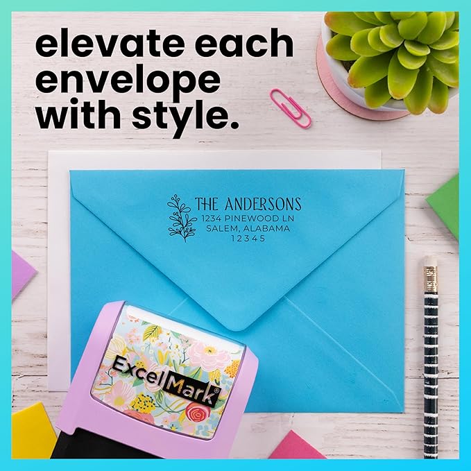 ExcelMark Address Stamp - Custom Return Address Stamp with Elegant Designs, Vibrant Colors & Patterns – Perfect for Mail, Invitations & Gifts (Violet Mount, Foliage Edge)