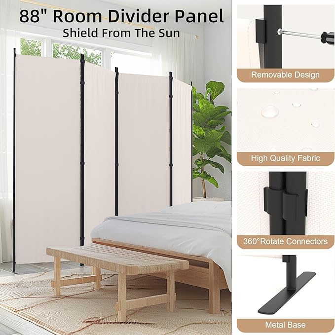 Kecreque Room Divider 4 Panel Partition Room Dividers & Folding Privacy Screens w/ 3 Metal Feet,88" W Portable Wall Doubles as a Dressing Screen Wall Divider for Office Bedroom Children's Room,White