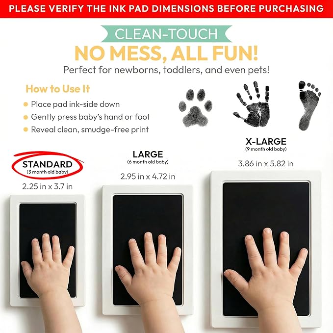 Clean Touch Ink Pad for Baby Handprints and Footprints – Inkless Infant Hand & Foot Stamp – Safe for Babies, Doesn’t Touch Skin – Perfect Family Memory or Gift – Black Print Kit by Tiny Gifts