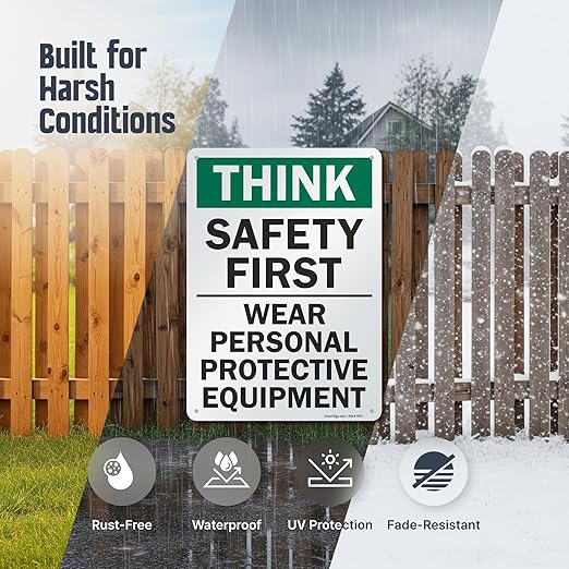 SmartSign - S-2917-AL-14 "Think Safety First - Wear Personal Protective Equipment" Sign | 10" x 14" Aluminum 10" x 14" Non-Reflective Aluminum
