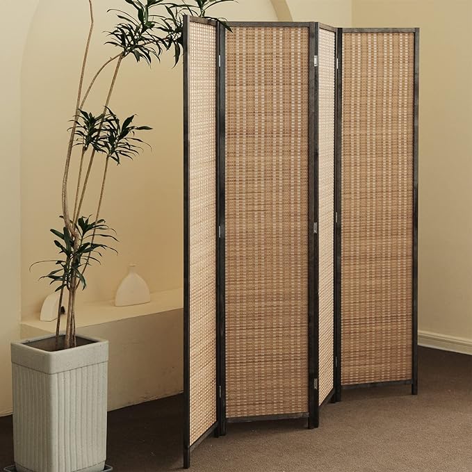 Furnnylane 4 Panel Bamboo Room Divider and Folding Panel Screen,Bamboo Panel Divider for Room Separation,Brown,67" H x 61.4" W