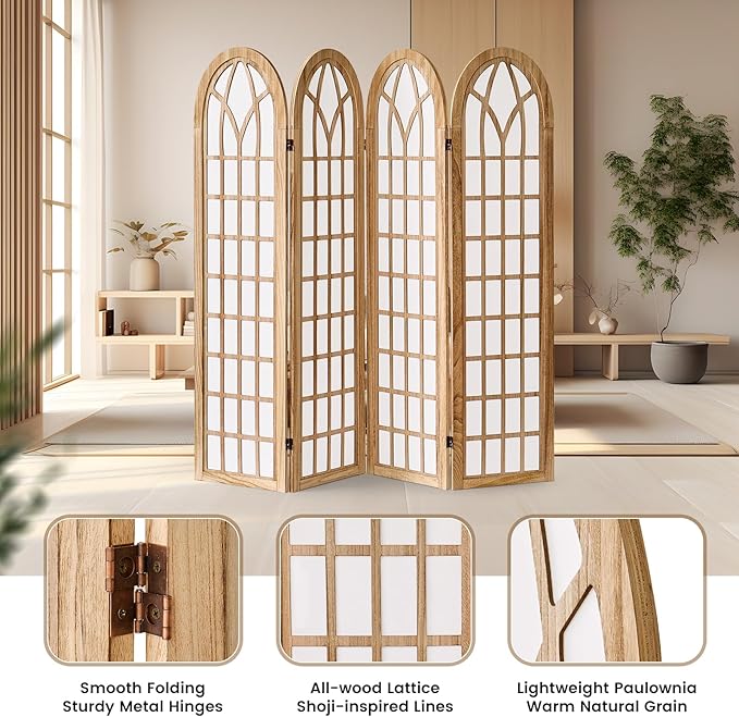 ALeesing Folding Room Divider Privacy Screen Freestanding 4-Panel Shoji Style Wooden Frame Decorative Partition Wall for Bedroom Office Apartment Natural