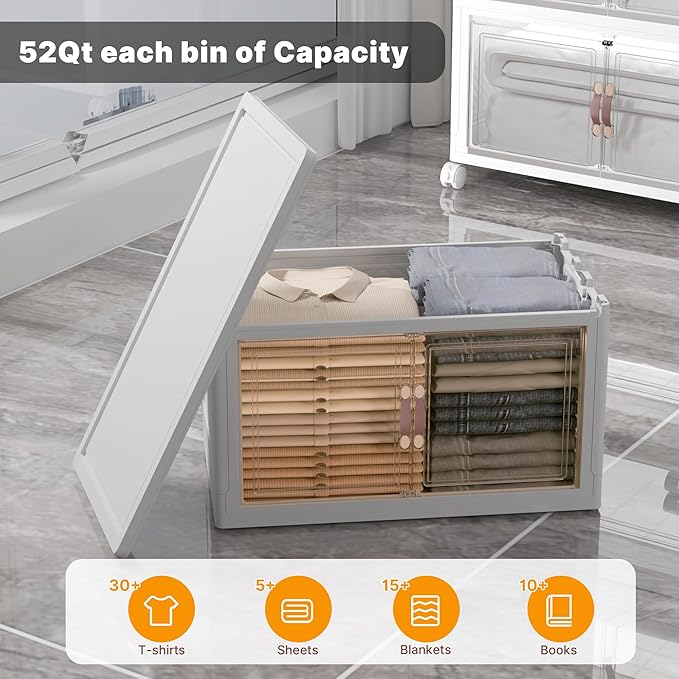 UAMFURI Extra Large Stackable Storage Bins with Lids & Wheels & Door, 416QT-52QT/13GAL*8Pack Foldable Collapsible Closet Organizers, Plastic containers drawers for bedroom Dorm