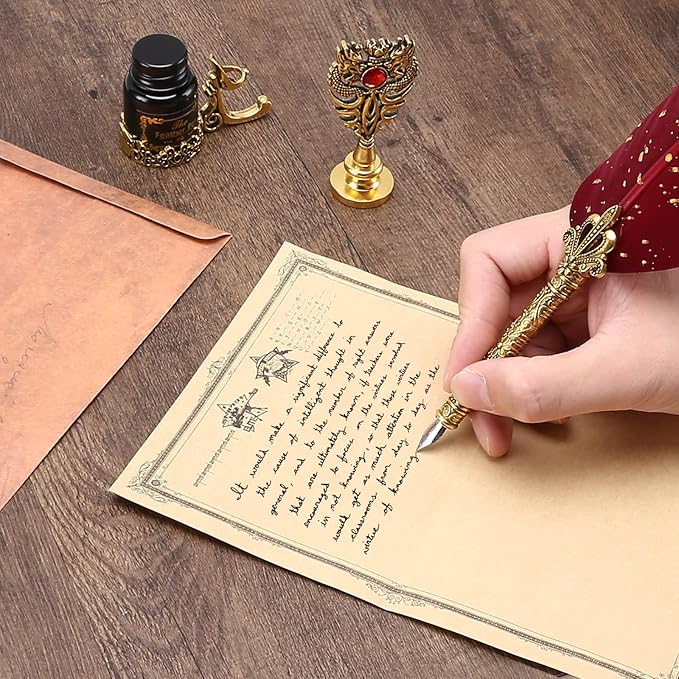 Junhartt Quill Feather Pen and Ink Set, Calligraphy Pen Glass Dip Pen and Wax Seal Stamp Kit (Black)