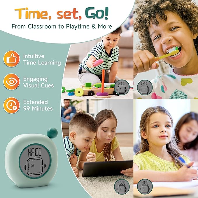 VEWINGL Productivity Timer & Clock with Alarm, Adjustable Desktop Timer for Autism, ADHD, Time Management, Ideal for Work, Study, Tasks, and Kitchen (Green)