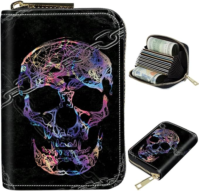 BWEGRHE Cute Credit Card Holder with Zipper, Shackle Skull RFID-Blocking Card Case Small Wallet for Women Men, Multi-slot Card Organizer Case Travel Accordion Wallet