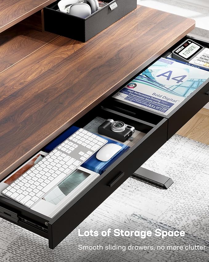 HUANUO 55 x 30 inch Electric Standing Desk with Wood Drawers, Adjustable Height Sit Stand Home Office Desk with Two Tiers, Ergonomic Adjustable Stand up Desk C-Clamp Monitor Mount Compatible, Walnut