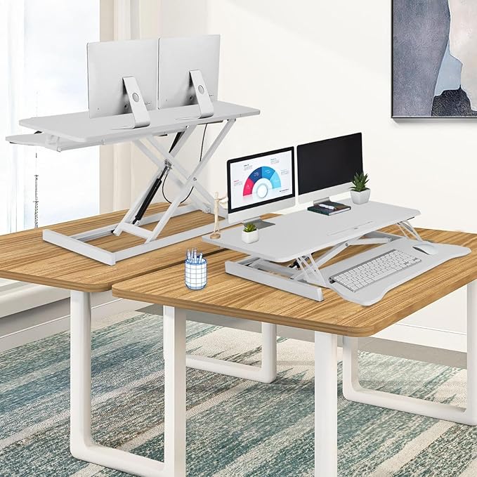 37 Inch Standing Desk Converter - Manual Pneumatic Spring, Two Monitor Stable Standing Desk Converter, 5.9" to 18.8" Height Adjustable Laptop Workstation with Keyboard Tray for Home, Company(White)