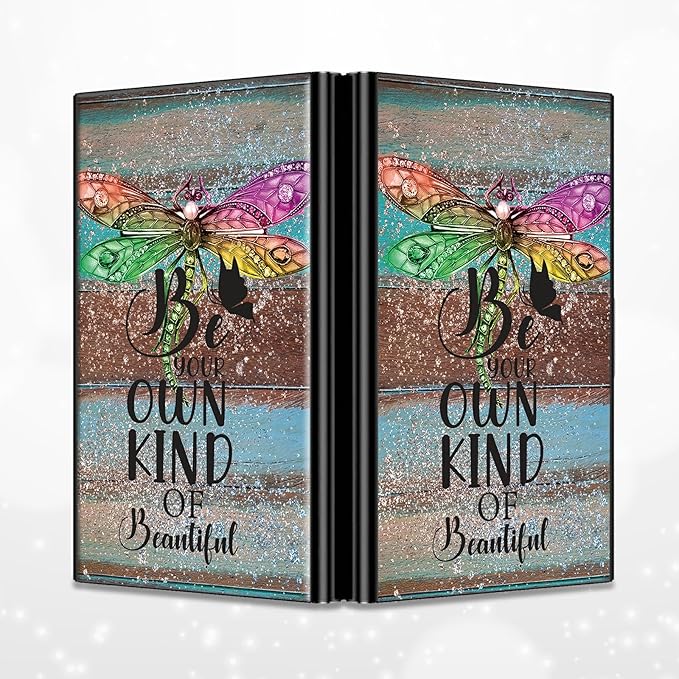 BWEGRHE Slim Credit Card Holder, Dragonfly Glitter Wood RFID Blocking Metal Wallet for Men & Women, Aluminum Minimalist Hard Case Pocket-Sized Business Cards Organizer (Fits Up to 10 Cards)