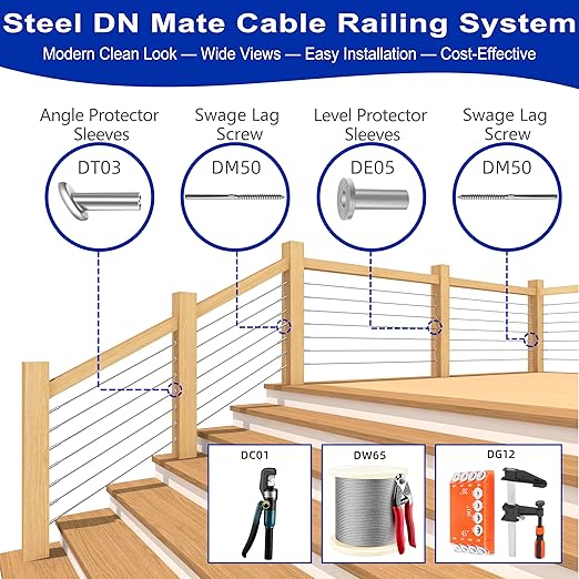 Steel DN Mate 200 Pack Stainless Steel Protector Sleeves for 1/8" Wire Rope, Cable Railing Hardware for Deck/Cable Railing System, T316 Marine Grade, Cable Sleeves Come with a Drill Bit DE05