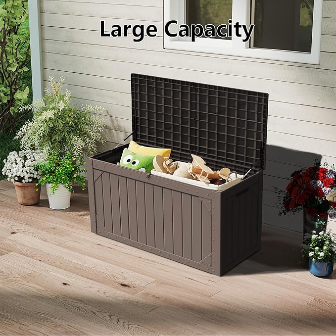 PATIOEASY Outdoor Storage Box 100GAL Waterproof Resin Deck Box,UV-Resistant Lockable Package Delivery Bin for Garden Tools,Large Patio Outside Cushions,Pool Accessories Supplies,Chest,Furniture,Brown