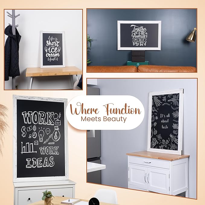 Loddie Doddie Magnetic Chalk Board - 20" x 30", White Rustic Wood Frame - Chalkboard Sign with Erasable Surface - Photo & Note Decorative Magnet Display - Easy Hang Magnetic Boards for Walls