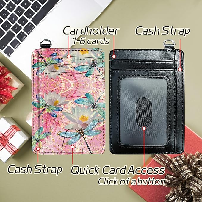 BWEGRHE Small Travel Wallets, Pink Dragonfly Slim Minimalist Front Pocket Wallet with Wristlet, RFID Blocking PU Leather Credit Card Holder with ID Window Change Purse for Men Women