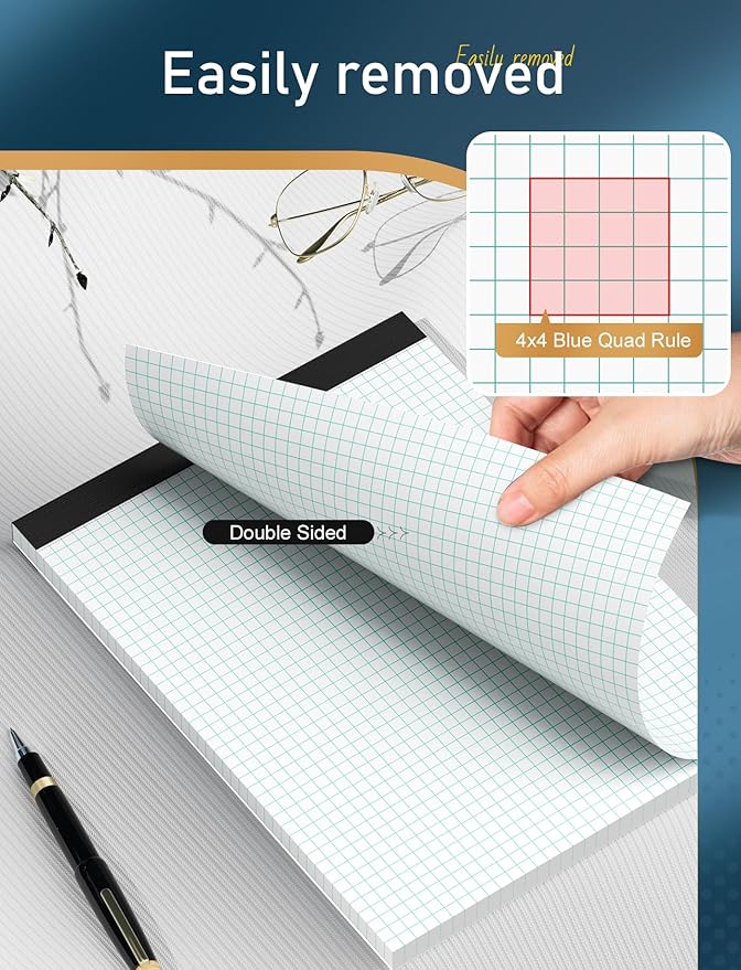 Zaviko Graph Paper Pads 8.5 x 11, 6 Pack, 4x4 Blue Quad Grid Paper Pad, White Quadrille Pad 8-1/2" x 11", Easy Tears Off, Grid Notebook 8.5 x 11, White 70 GSM Graft Paper, 30 Sheets/Pad