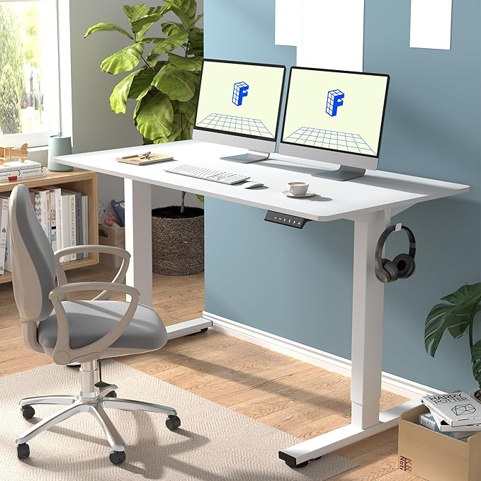 FLEXISPOT EN1 One-Piece Standing Desk with 1-Inch Thick Seamless Desktop, 55"x28" Electric Height Adjustable Desk for Home Office, Multi-Monitor Setups & Easy Assembly, White
