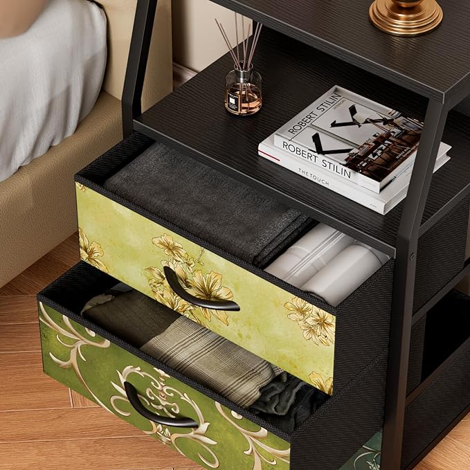 Furnulem Retro Night Stand with 3 Drawers and 2-Tier Shelf, Small Nightstand Side Table, Vintage Storage Dresser for Bedroom, Fabric Drawer Organizer for Closet, Beside Furniture