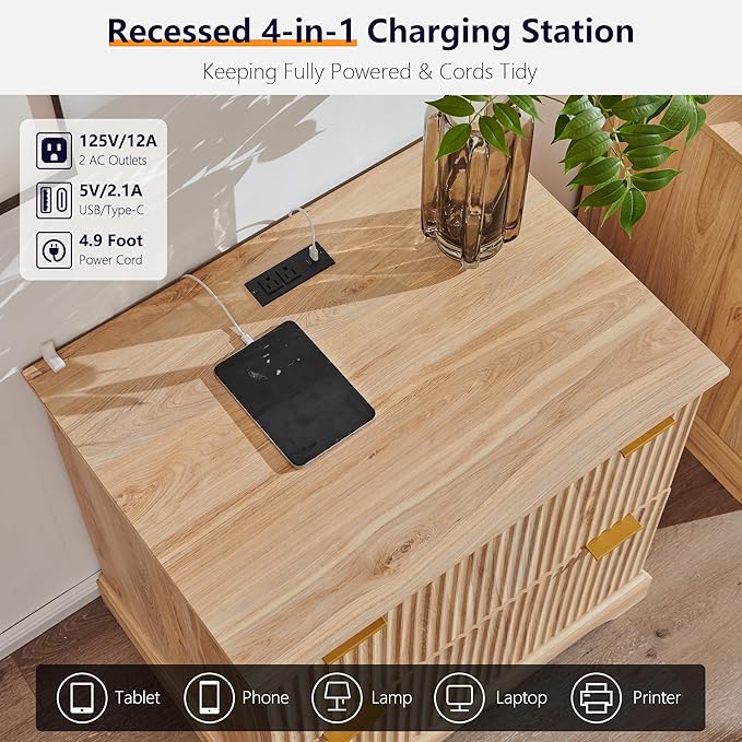 JXQTLINGMU 2 Drawer File Cabinet with Charging Station, 30" Fluted Lateral File Cabinet w/Files Hanging Rod for Letter/Legal/A4, Large Tabletop for Printer, Office Wood Printer Cabinets, Oak