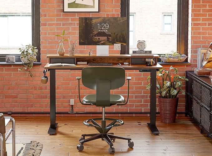 FEZIBO 63 x 28 Inch Deeper Height Adjustable Electric Standing Desk with Double Drawers, Sit Stand Up, Home Office Computer Desk with 4 Height-Adjustable Feets & 2 Hooks, Black Frame/Rustic Brown Top