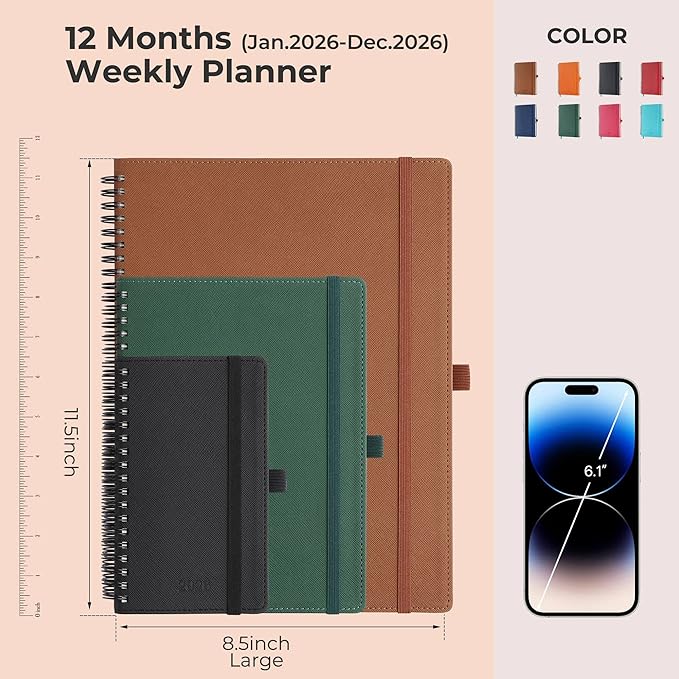 IN-LUXPRO Planner 2026 Daily Weekly and Monthly,11.5"x8.5",12 Months Spiral Bound Calendar Agenda with Self-adhesive Pen Holder,2026 Appointment Book with Vegan Leather Soft Cover,Brown