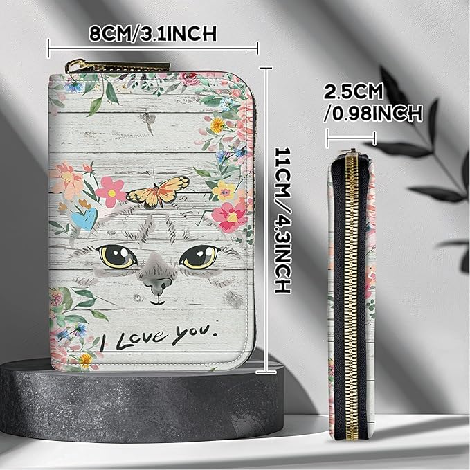 BWEGRHE Cute Credit Card Holder with Zipper, Cat Flowers RFID-Blocking Card Case Small Wallet for Women Men, Multi-slot Card Organizer Case Travel Accordion Wallet