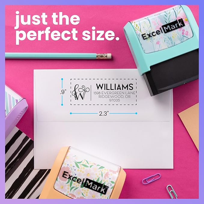 ExcelMark Address Stamp - Custom Return Address Stamp with Elegant Designs, Vibrant Colors & Patterns – Perfect for Mail, Invitations & Gifts (Seafoam Mount, Script Swirl)