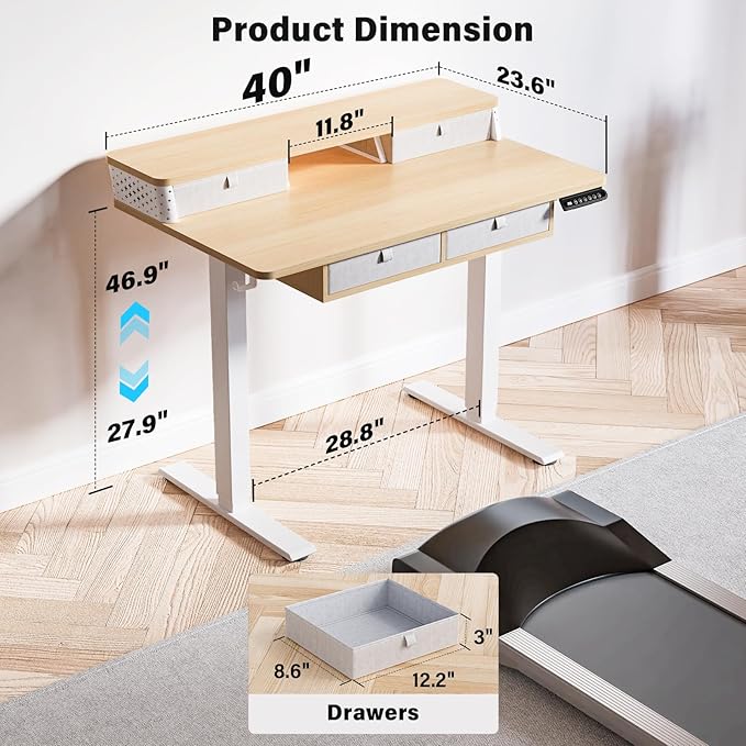 Kingant 40 x 24 Inch Electric Standing Desk with 4 Drawers, Height Adjustable Sit to Stand Computer Desk with Storage Shelf and C-Clamp Mount Compatibility for Home Office, Nature