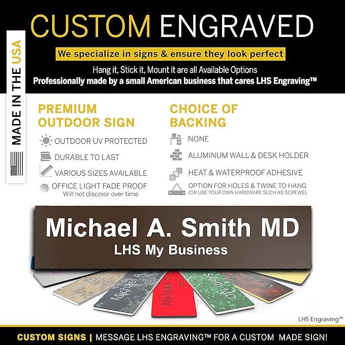 Door Name Plate Personalized for Office Brown Plastic Name Plate with White Letters - Made in USA 2x12 B25
