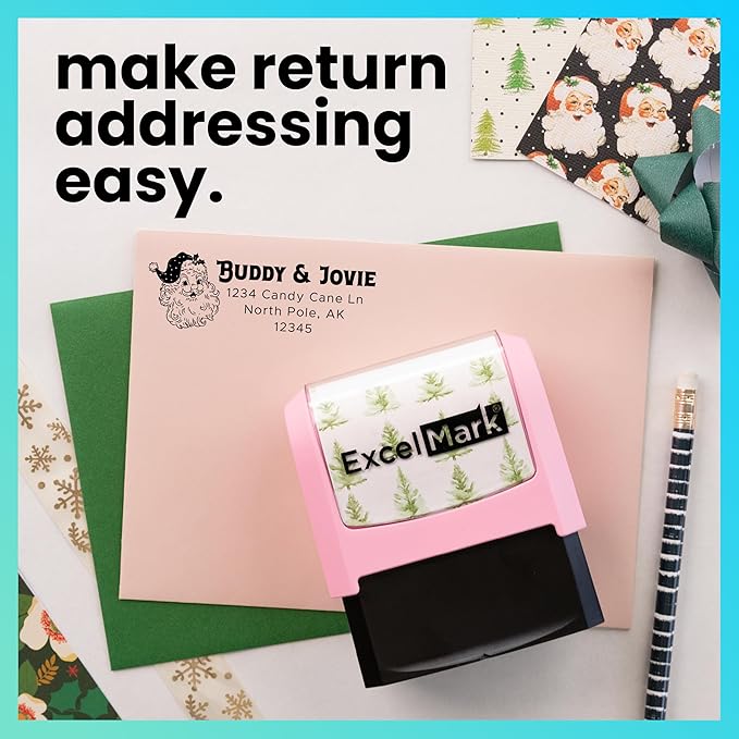 ExcelMark Address Stamp - Custom Return Address Stamp with Elegant Designs, Vibrant Colors & Patterns – Perfect for Mail, Invitations & Gifts (Holiday)
