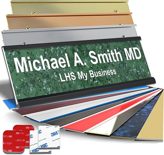 Personalized Name Plate with Choice of Mounting Holders for Walls, Doors, Cubicles, Hanging and More - Custom Verde Green Marble Plastic White Letters - USA Made 2x12 - S4