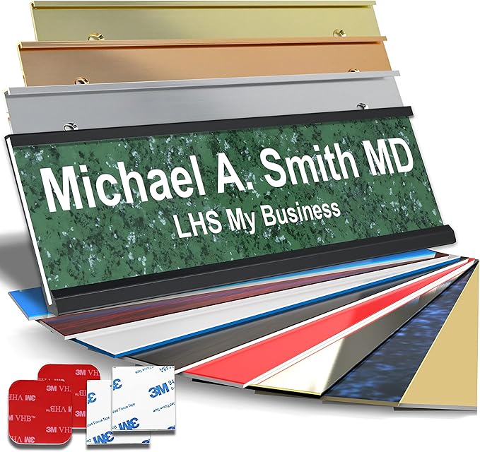 Personalized Name Plate with Choice of Mounting Holders for Walls, Doors, Cubicles, Hanging and More - Custom Verde Green Marble Plastic White Letters - USA Made 2x10 - S4