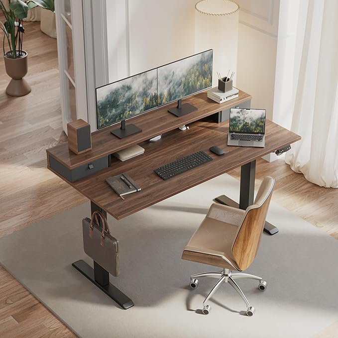 Klicelor 48 Inch Electric Standing Desk with Drawers, Adjustable Height Small Sit Stand Desk for Home Office, Compact Computer Workstation with Storage– Dark Walnut