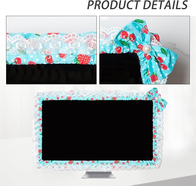 Kingshion 24-inch Cute Lace Fabric Monitor Cover with Elastic Pen Pocket & Bow-knot Design, Dust Protector for Computer/TV/LCD Screens - Blue
