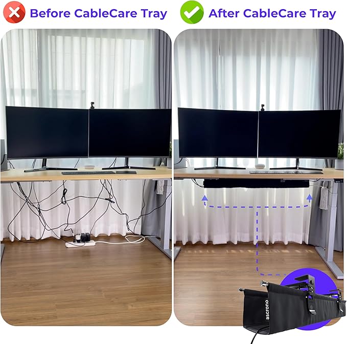 Ascrono Original No Drill Under Desk Cable Management Tray 53.9" - Premium Black Fabric Cable Management Under Desk - Clamp/Screw Mount Cord Organizer - Supports Upto 66lbs - Extra Large