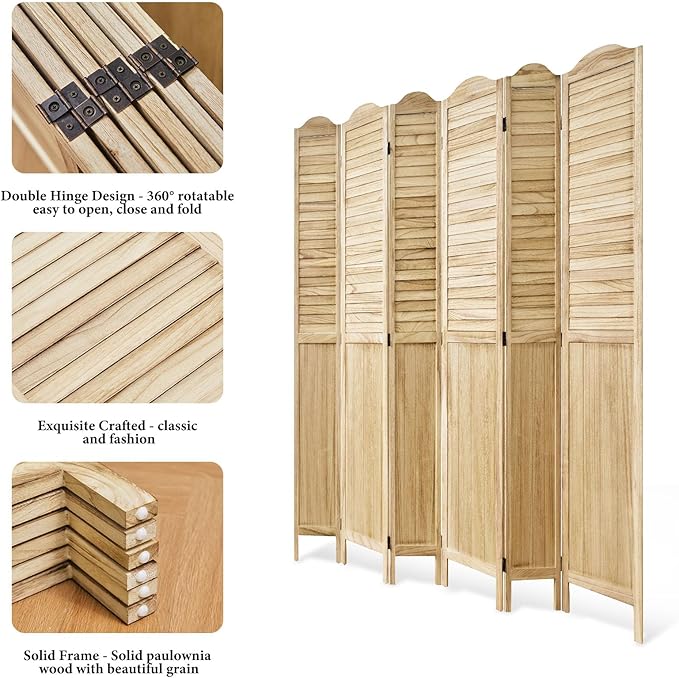 Room Dividers, 5.75Ft Individual Privacy Screens Foldable Wooden Louver & MDF Stable Wall Divider for Home Office Bedroom, 6 Panels (Natural)